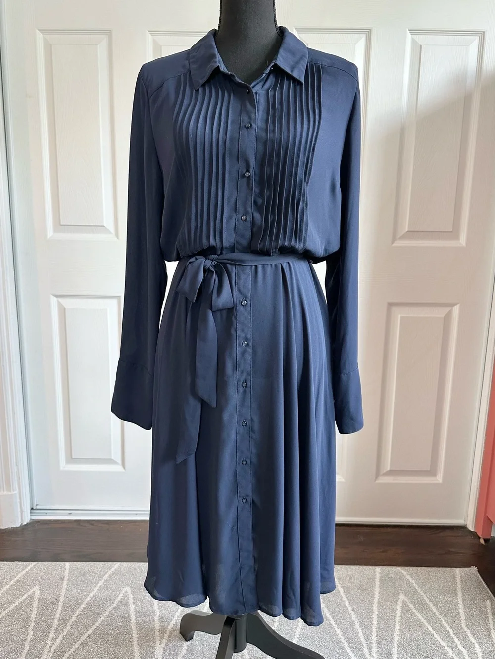 Nanette Lenore Navy Blue Pleated Top Tie Waist Shirt Dress - Picture 1 of 5
